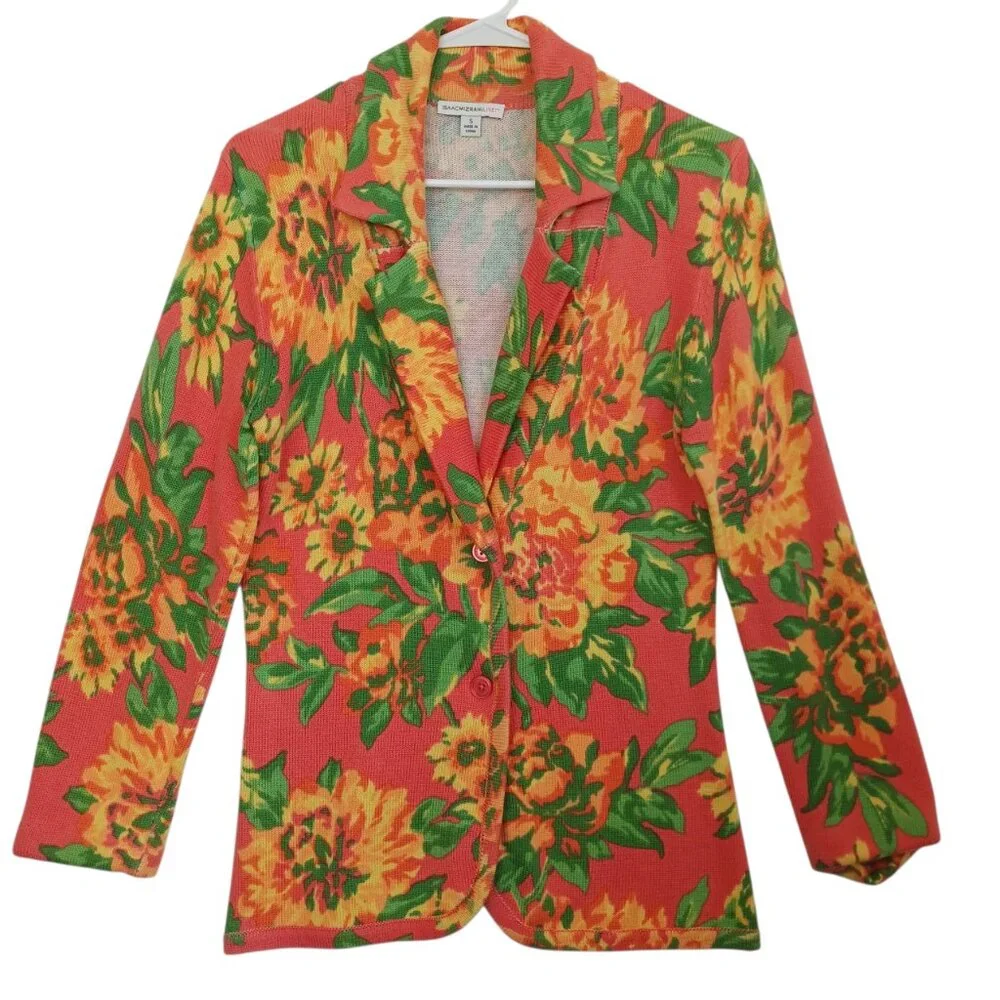 Isaac Mizrahi Live Sweater Cardigan Two Button Collared Salmon Yellow‎ Floral Sm